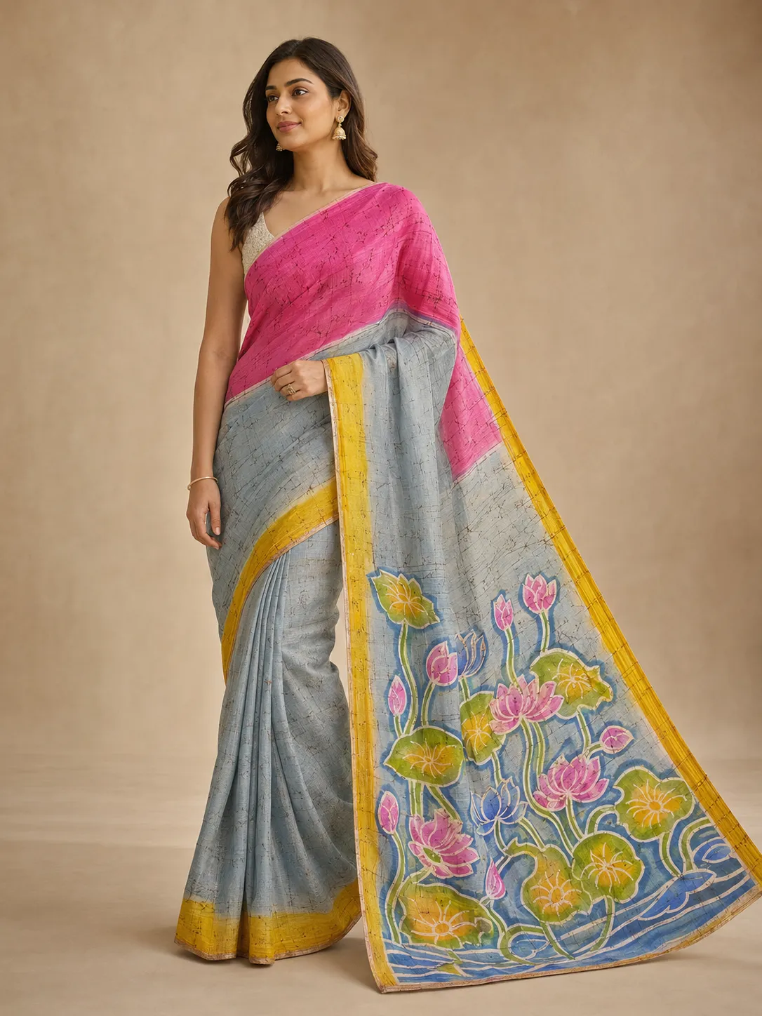 Ivory & Charcoal Wax Batik Saree — handloom Monochrome Crackle saree by Naholi